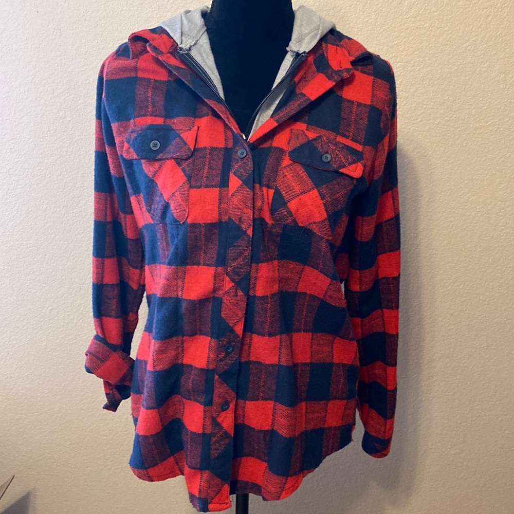 Red/Blue Plaid Long Sleeve Shirt/Hoodie Jacket - Picture 1 of 10